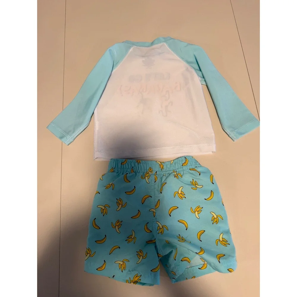 First Impressions Baby Boy 12M Swimsuit Set Rash‎ Guard Trunks Bananas Blue
